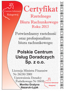 PCUD uzyskało w 2013r Certyfikat Rzetelnego Biura Rachunkowego